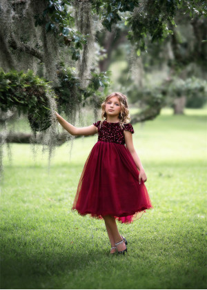 Cap Sleeves Ruby Red Sequin Tulle Curly Hem Flower Girl Dress